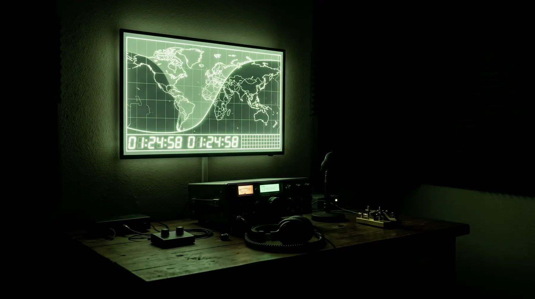 A dark radio shack with a wall display showing a glowing world map and clock