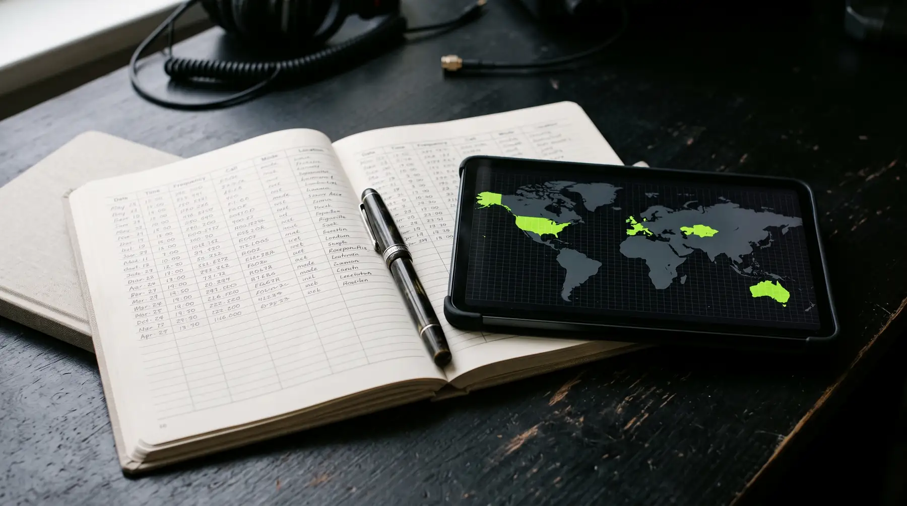 A paper radio logbook beside a tablet showing a gridded world map
