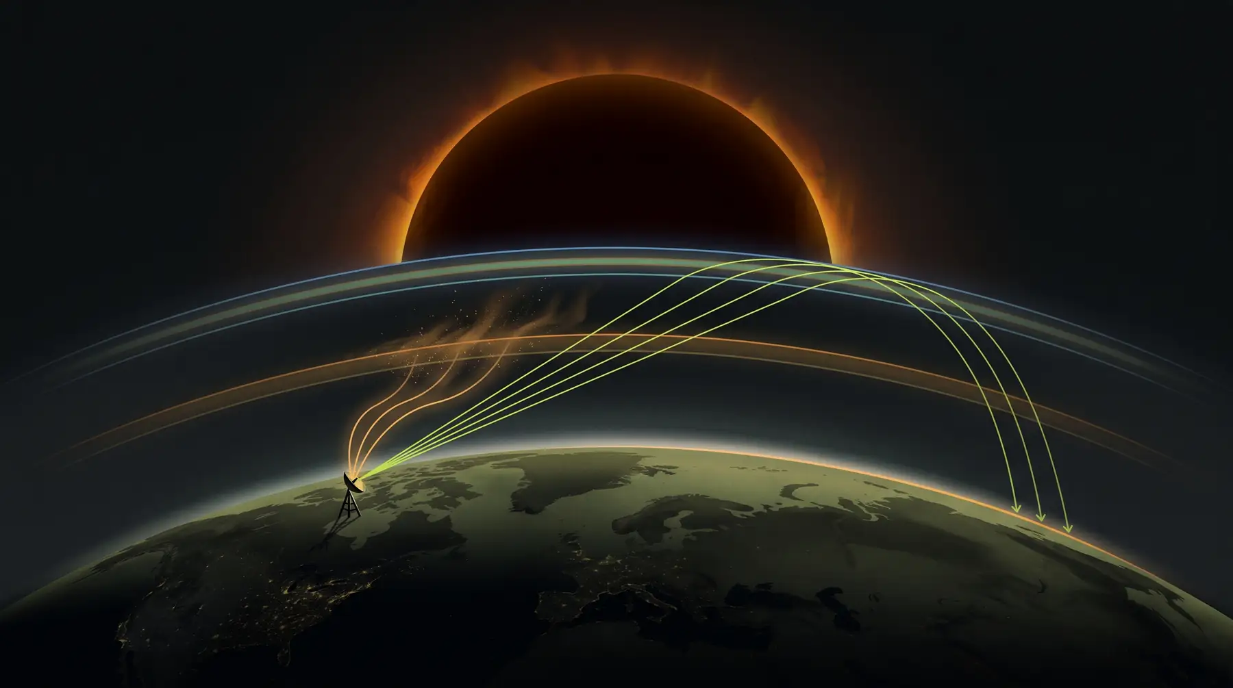 Editorial illustration of radio waves absorbed in the ionosphere's D-layer
